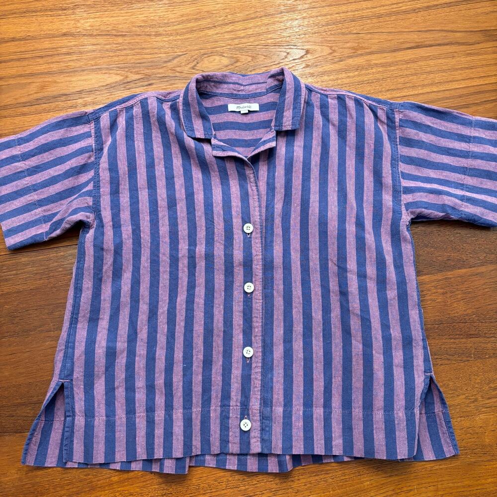 Madewell Women's Blue and Pink striped 100% Linen Short sleeve blouse size S